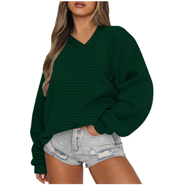 Timegard Womens Sweatshirts V Neck Long Sleeve Pullover Fall Winter Casual Loose Comfy Tops Solid Color