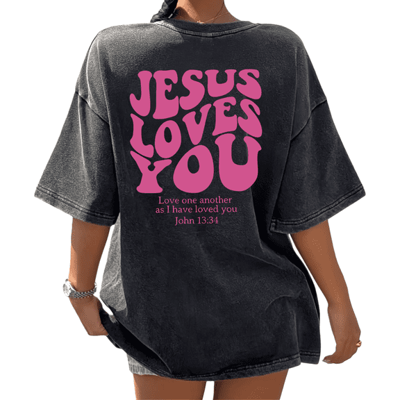 Black S-2XL Washed Print Tshirt Jesus Loves You Graphic Tees Christian Love Shirts Oversized Church Sunday Easter Wear Tops