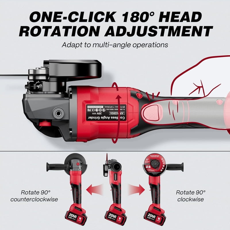 ARCCAPTAIN 5" Brushless Angle Grinder Kit w/ 2 Batteries | 9500 RPM Paddle Switch | 180° Rotatable Head for Cutting, Grinding, and Polishing