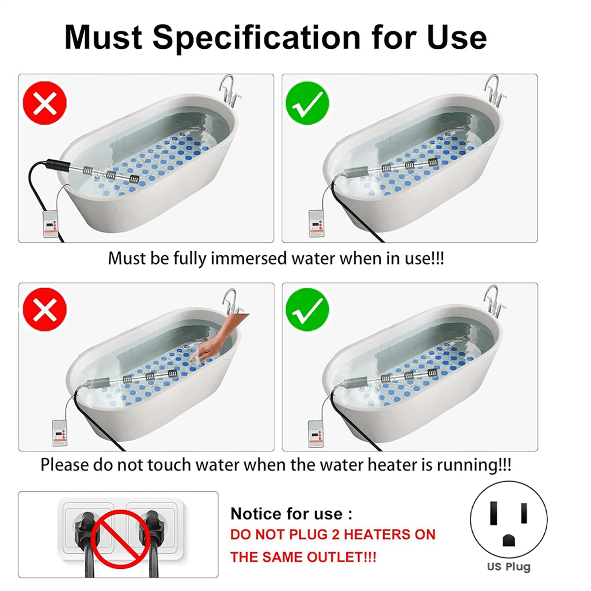 Immersion Water Heater,1500W Portable Electric Stainless Heaters with Guard Cover, for Pool Bathtub US Plug 1500W