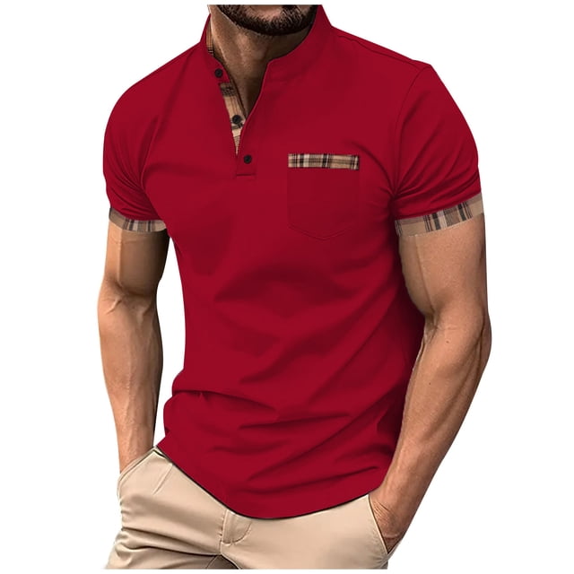 pstuiky camisetas para hombre, Camiseta de manga corta con cuello alto, botones y bolsillos para hombre camisas casuales para hombre xl