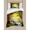 thumbnail image 3 of Unicorn Duvet Cover Set, Enchanted Forest Fantasy Willow Trees Wildflowers Woodland Animal Folklore, Decorative 3 Piece Bedding Set with 2 Pillow Shams, King Size, Green White, by Ambesonne, 3 of 3