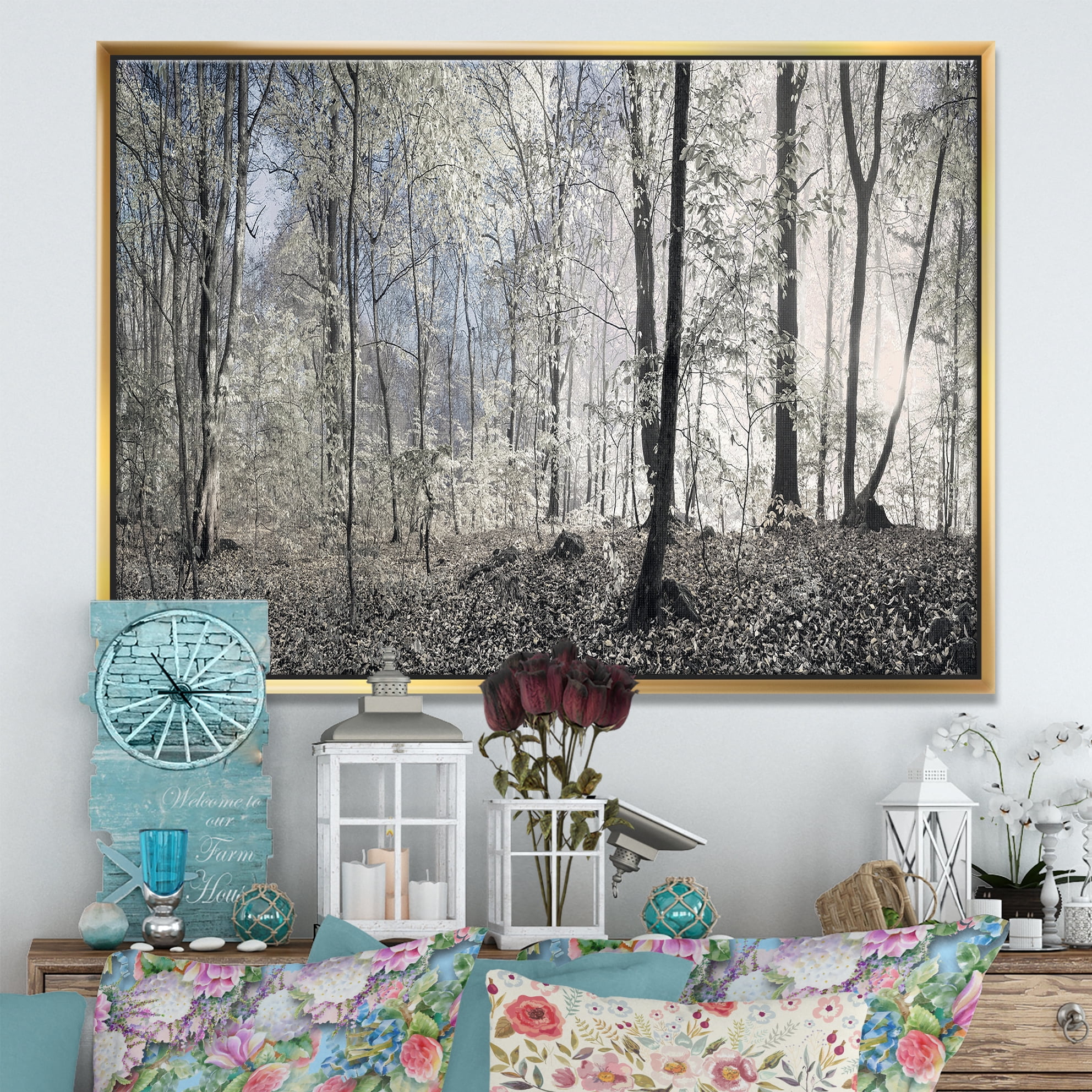 Designart ' Dark Morning in Forest Panorama ' Landscape Framed Canvas Art Print