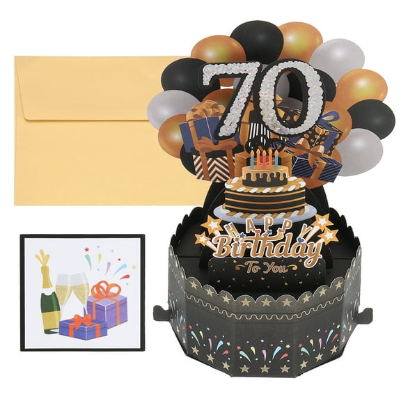 Uxcell 70th Birthday Card, Pop-Out Birthday Card Happy Birthday with Greeting Card and Envelope for Boy Women, Black Gold