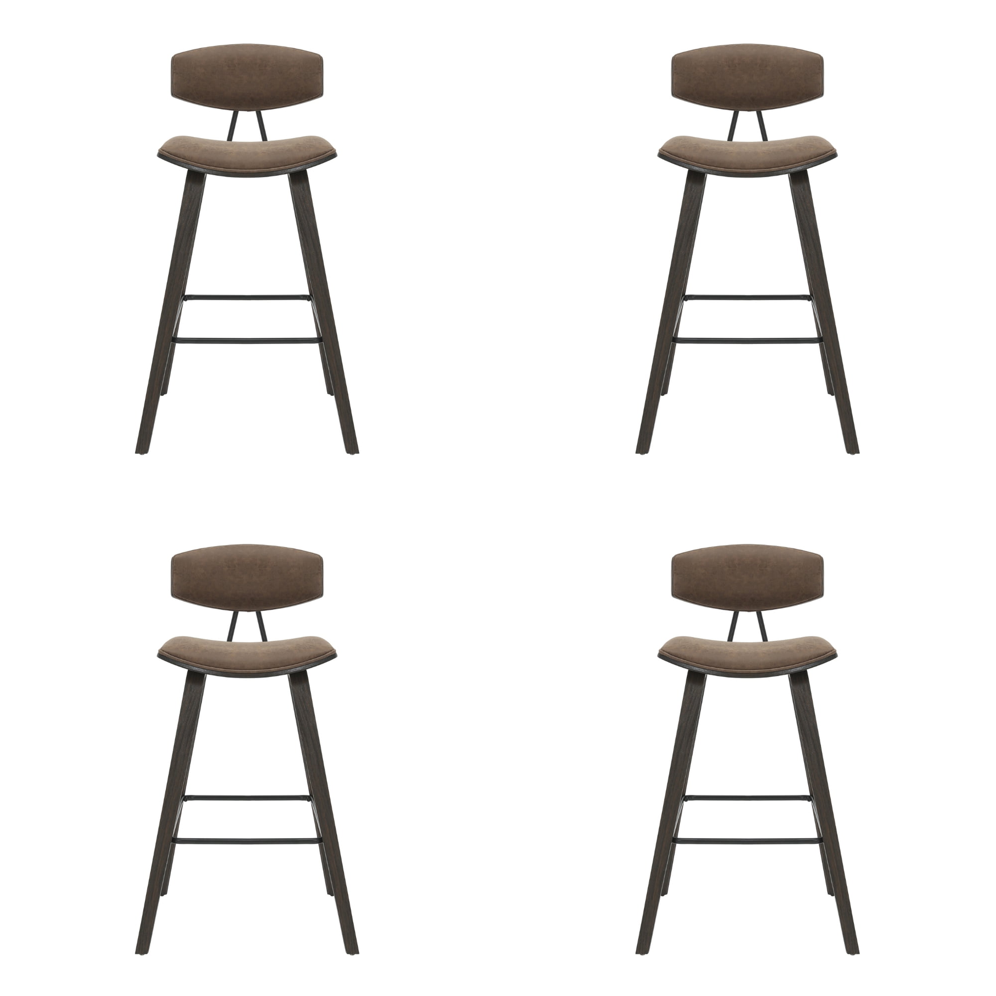 Fox 38 in. H Bar Height Vintage Dark Brown Curved Back Wood Bar Stool with Faux Leather Seat Set of 4