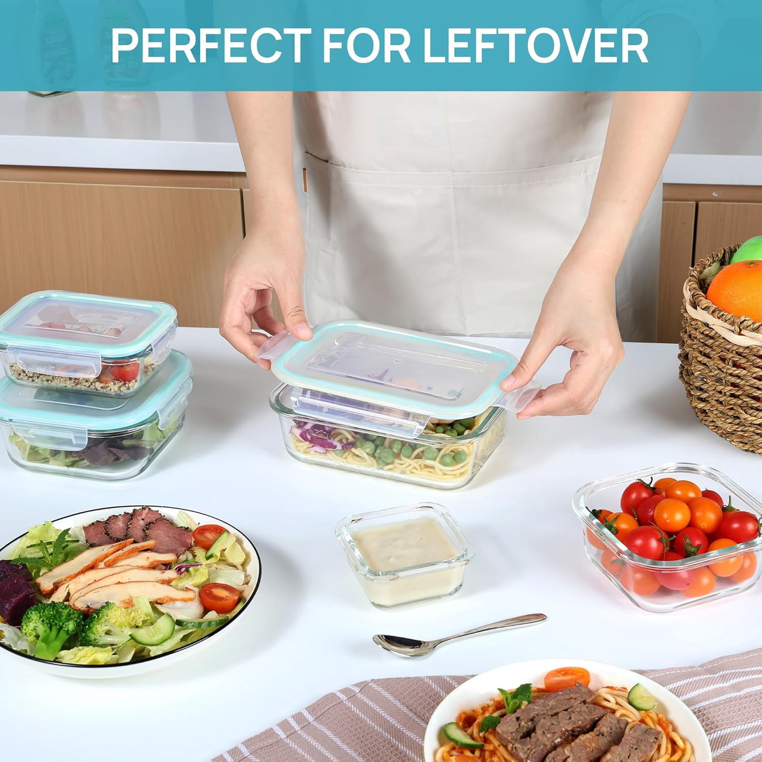 AISOON 8-Pack Borosilicate Glass Food Storage Containers, Leakproof Airtight Lids, BPA-Free Meal Prep Kitchen Storage Set