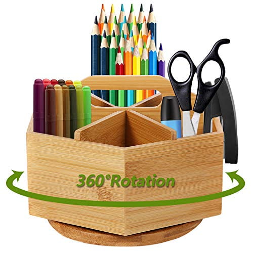 Colored Pen Pencil Holder Organizer for Desk with 8 Compartments and Handle Bamboo 360° Rotating Art Supply Organizer Large Capacity Storage Office Supplies Desk Organizer 