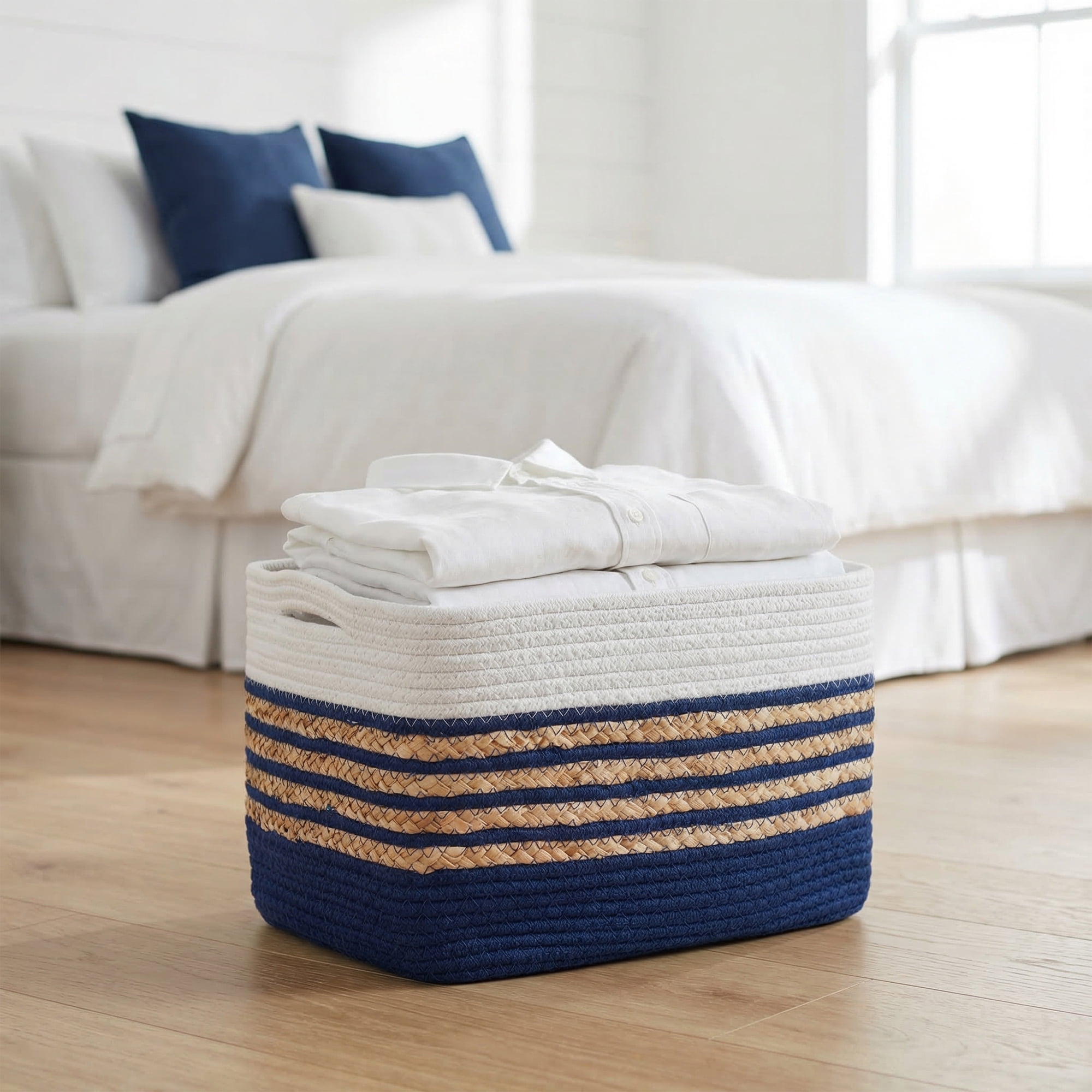 Unique Bargains Woven Storage Basket Storage Bin Blue White 15*9.8*9.1in