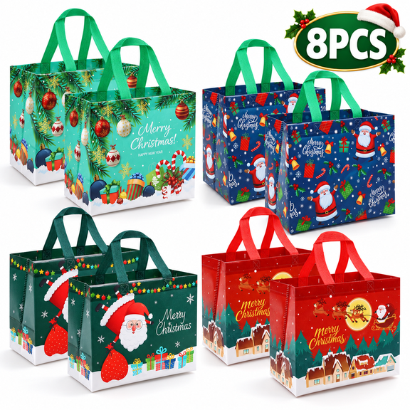 Christmas Gift Bags Large Christmas Treat Bags with Handles Non-Woven Xmas Bags for Gifts Wrapping Xmas Party Supplies 8 Pcs