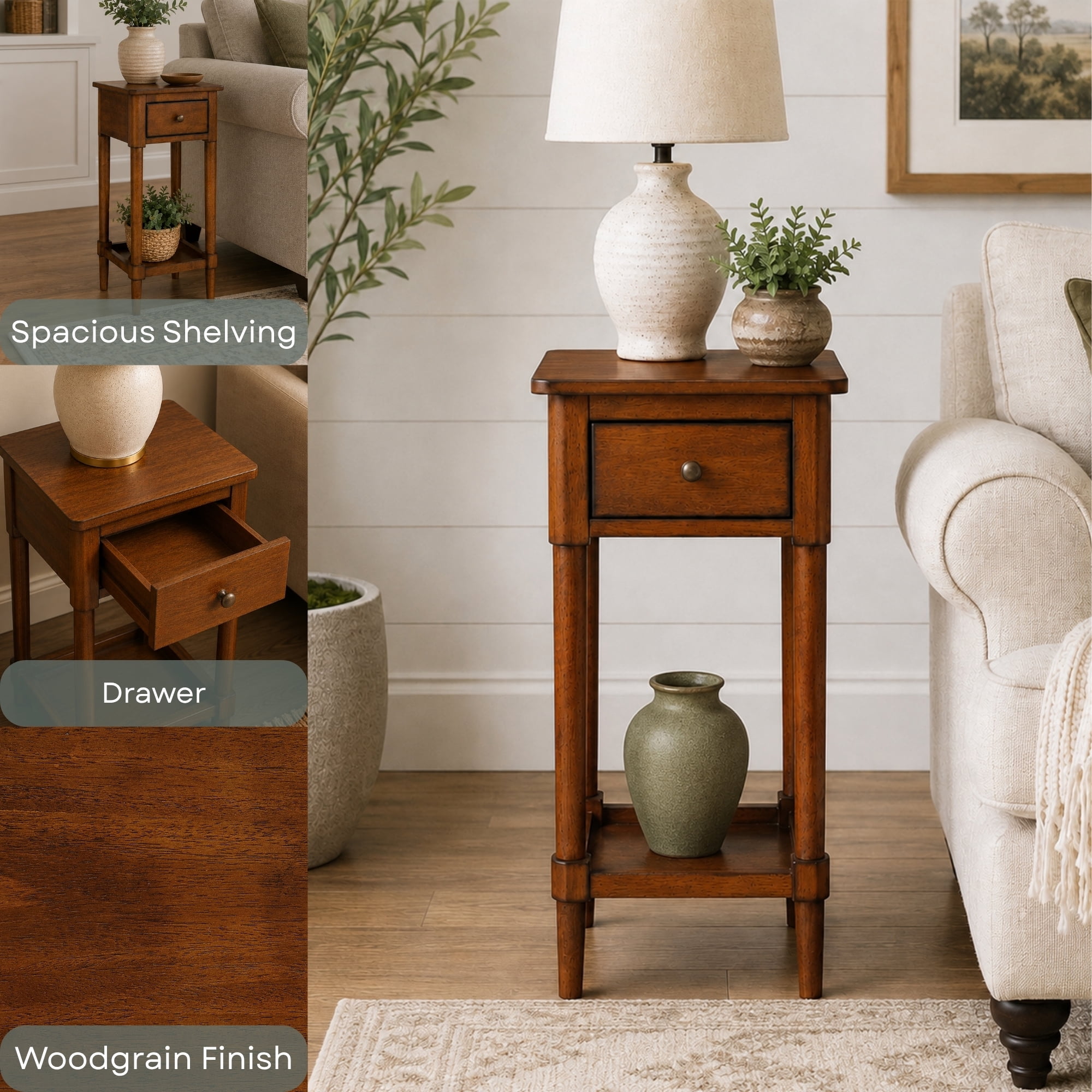 Convenience Concepts French Country Kourtney No Tools 1 Drawer Accent Table with Shelf, Vintage Walnut