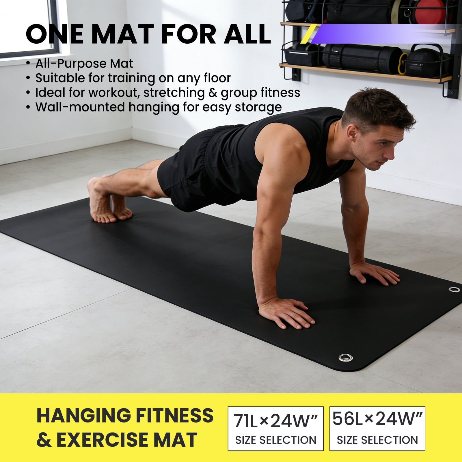 MAROUTE Commercial Grade Hanging Exercise Mat – Durable 5mm Thick PVC Yoga & Workout Mat with Reinforced Holes – Ideal for Home Gym, Pilates, Stretching, Group Fitness – Black