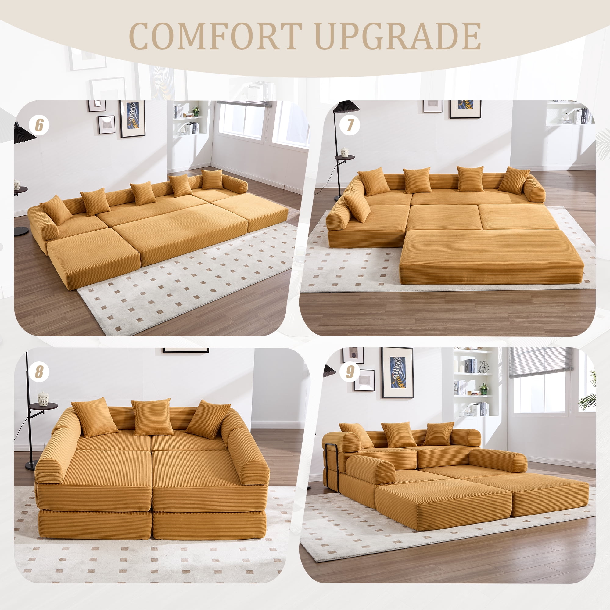 MOONMISS Corduroy Upholstered Convertible Folding Sofa Bed with Fixed Frame and Pillow Back Handrail-Yellow