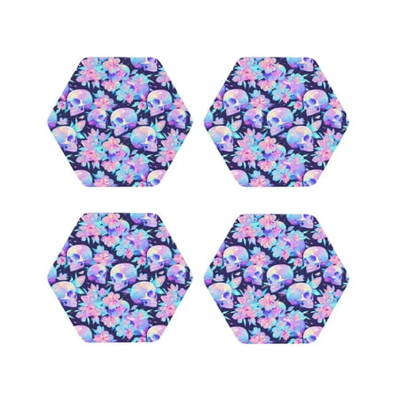 

Matuu pinkk flower crystal Skull for Cup Coasters Set of 4 Leather Coasters Desk Coasters for Office Measures 4” x 4”-Hexagon