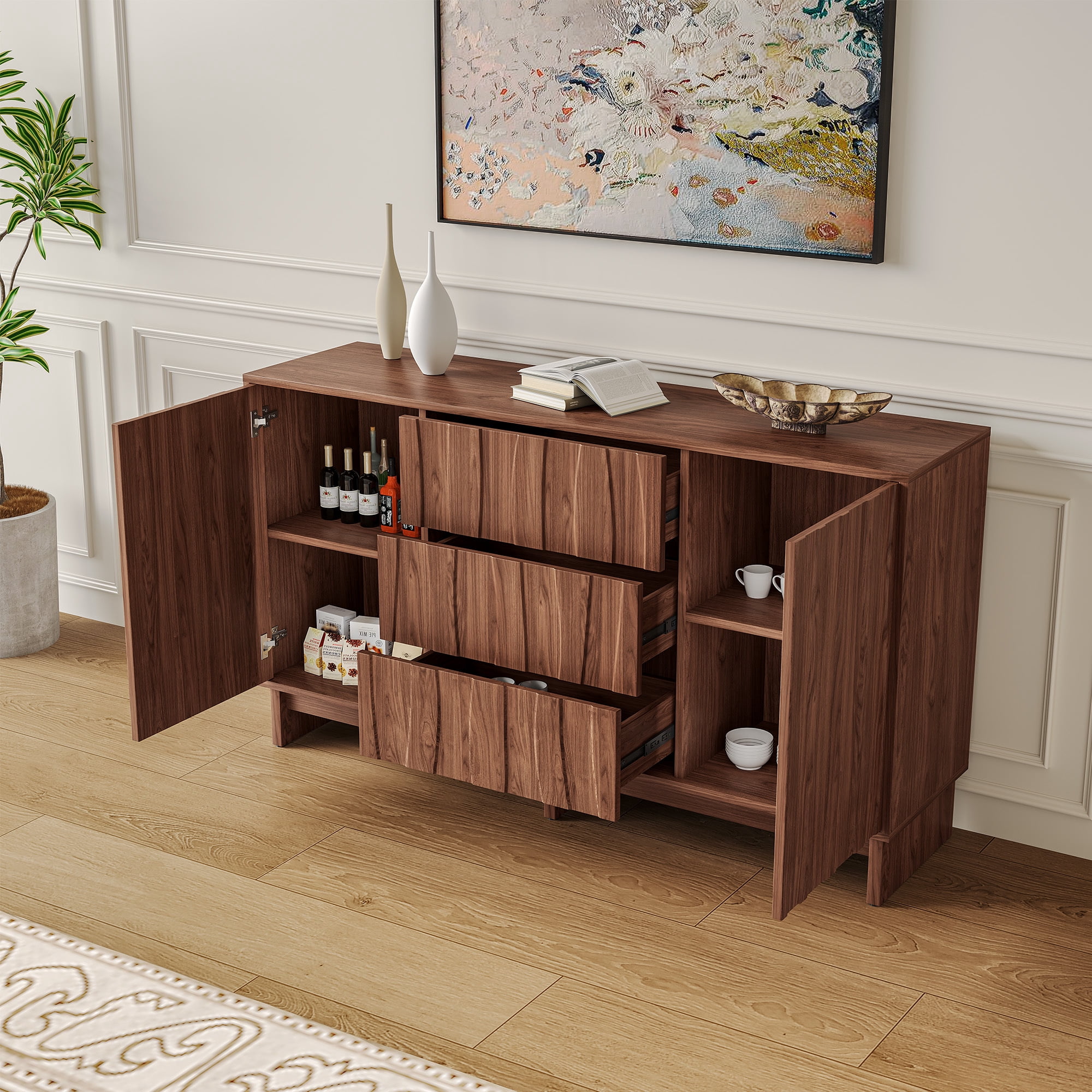 Leumius 47.2" Buffet Sideboard with 2 Doors and 3 Drawers, Walnut Finish with Stripe Grain Texture, Farmhouse Storage Cabinet for Dining Room Living Room Hallway