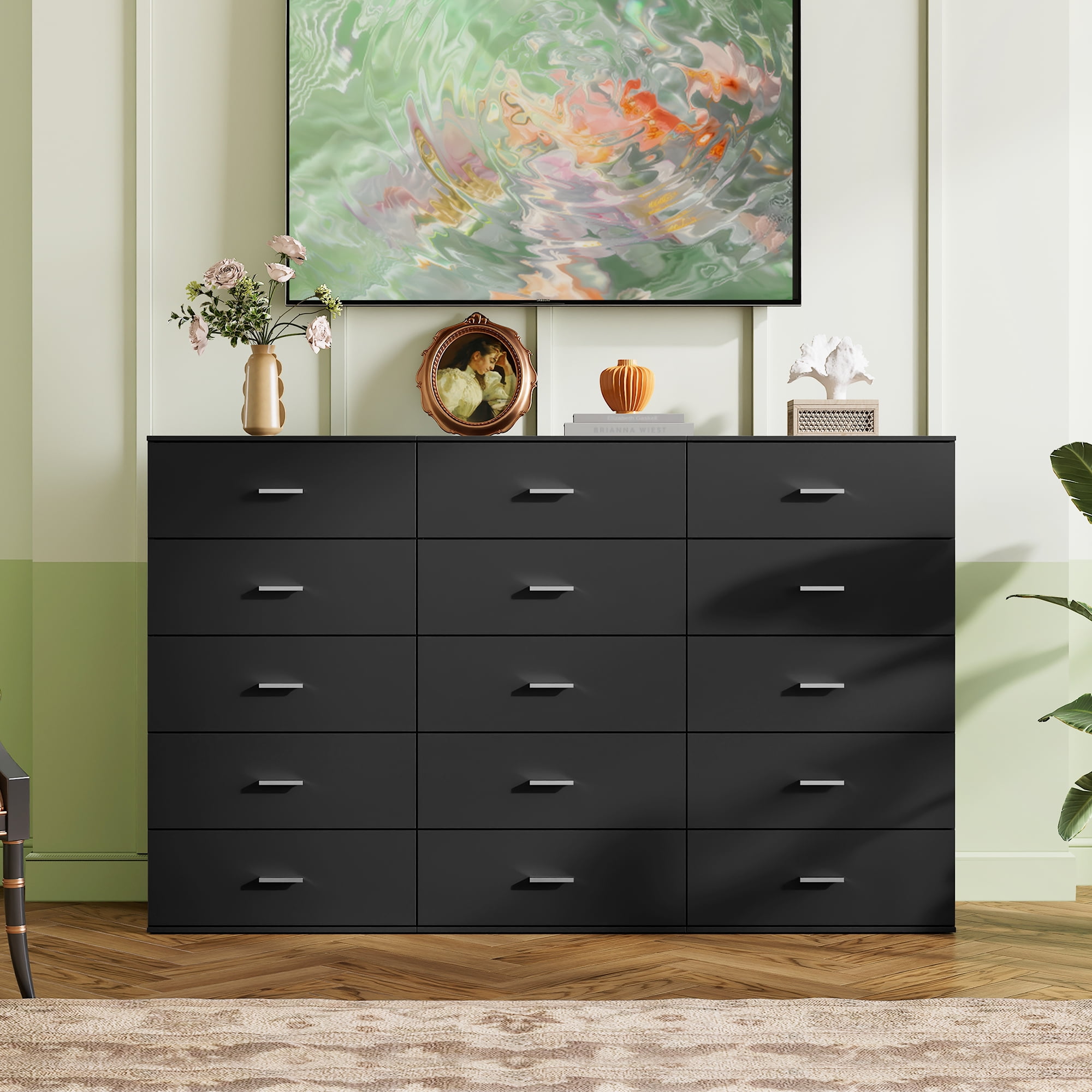 GALAXHERO 5 Drawers Dresser, Chest of Drawers for Bedroom, Tall Wood Storage Cabinet with Metal Handle for Living Room, Closet, Hallway, Black