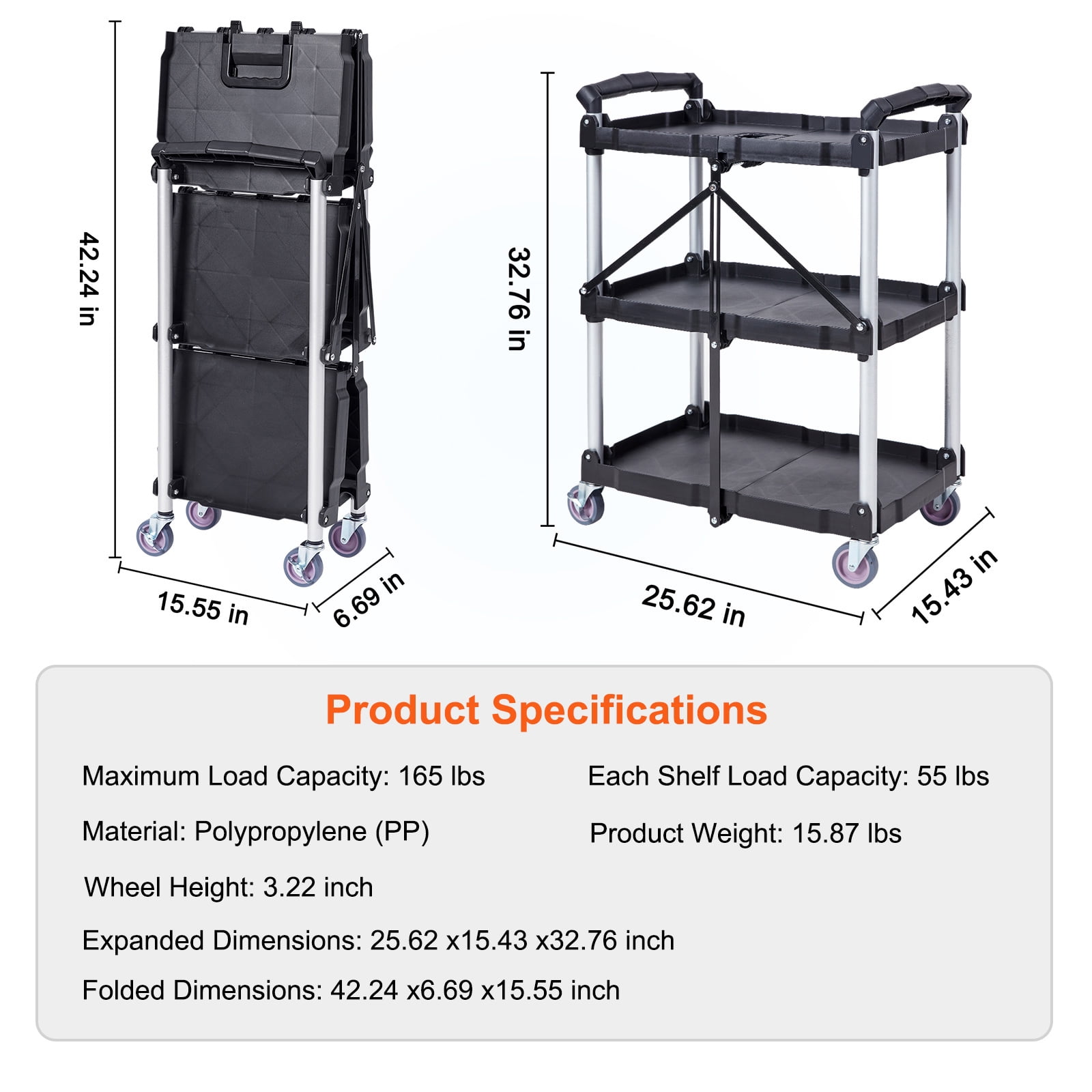 SKYSHALO Heavy-Duty Folding Utility Cart, 165lbs 3 Shelf, Lockable