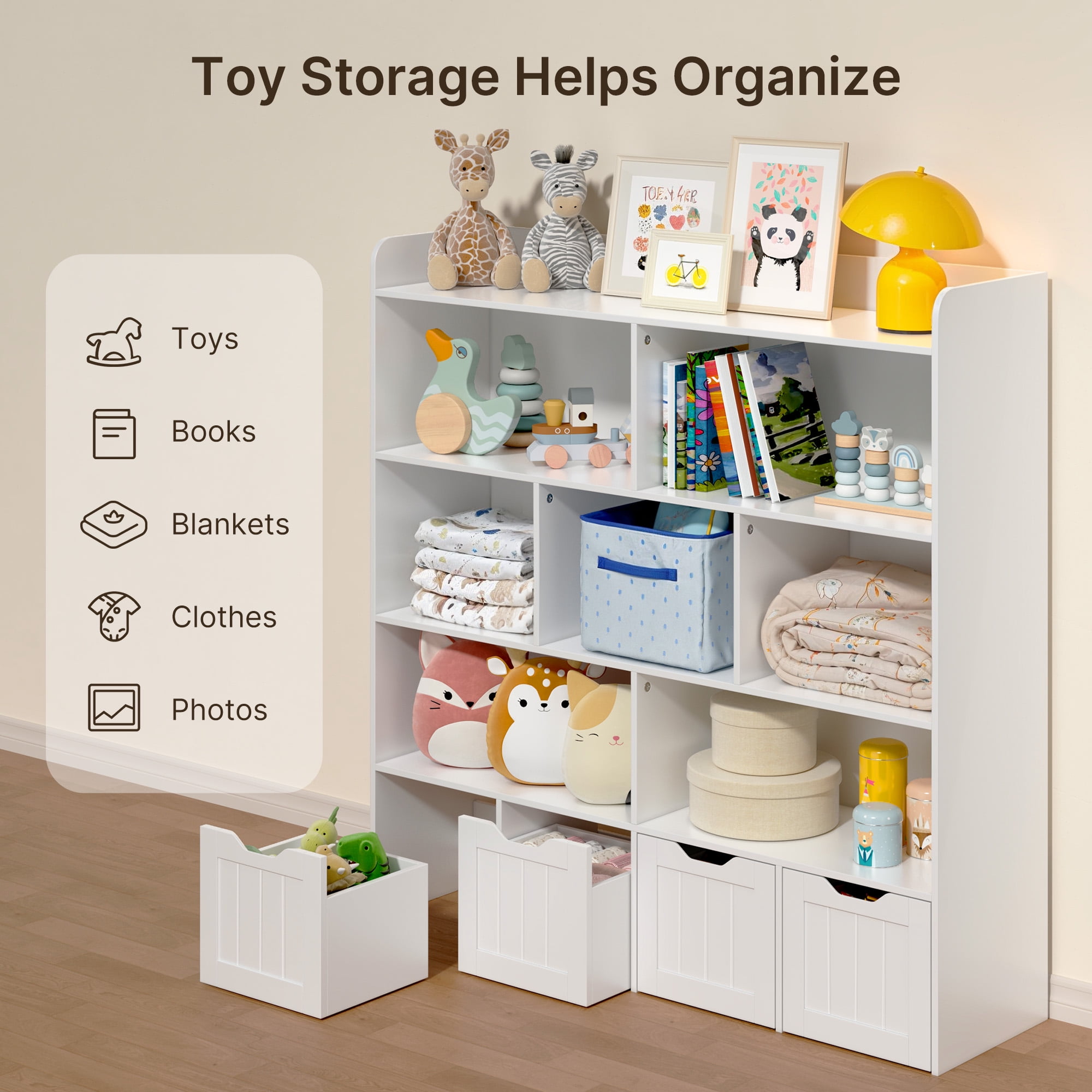 Lofka Kids Bookshelf and Toy Storage Organizer with7 Storage Cubes, 4 Movable Bins & Raised Edge Top, White