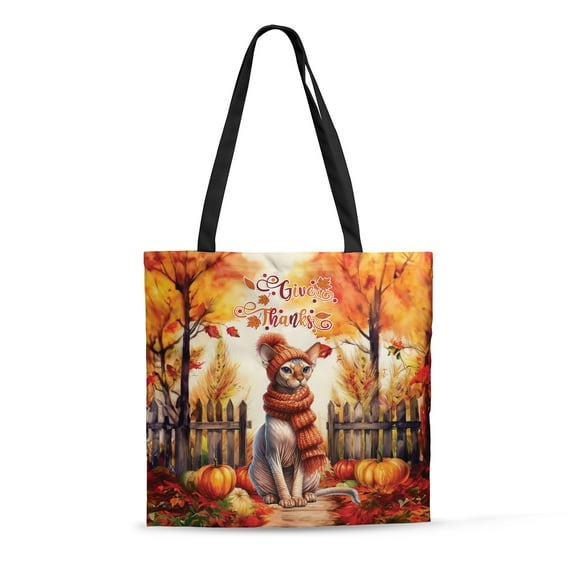 Happy Thanksgiving Sphynx Give Thanks Fall Beanie Scarf Welcome All Over Print 3D Canvas Tote Bag Cat Lover Kitten Owner Gifts Idea Reusable Handbag - 00020
