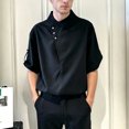 thumbnail image 2 of xfsWaSs Summer Men's Short Sleeve Shirts Ice Silk Drape Fashion Casual Tops Collarless Asymmetric Button Closure Blouses Streetwear Stylish Shirts, 2 of 3