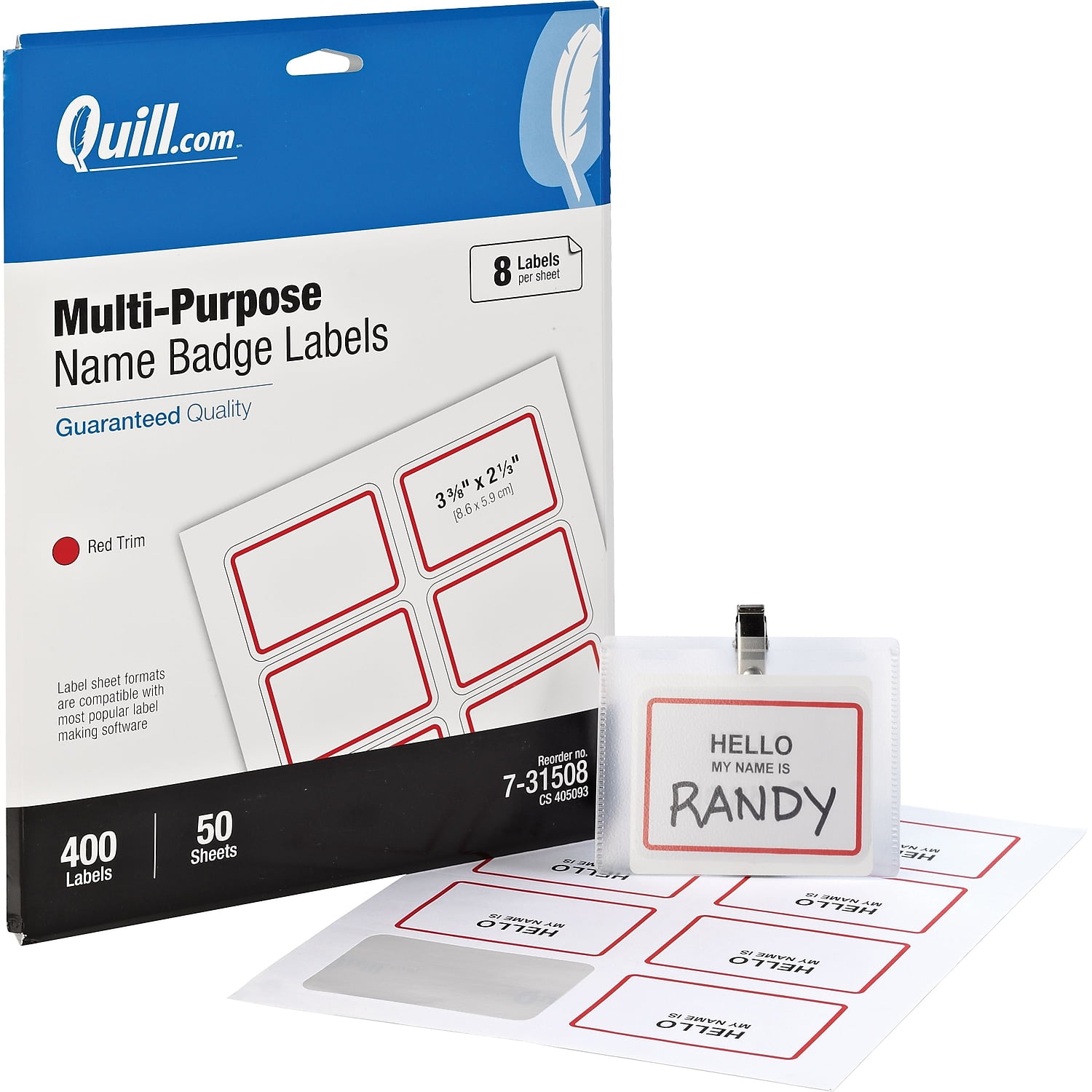 Quill Brand Self Adhesive Name Badges White/Red 400/Pack (731508)