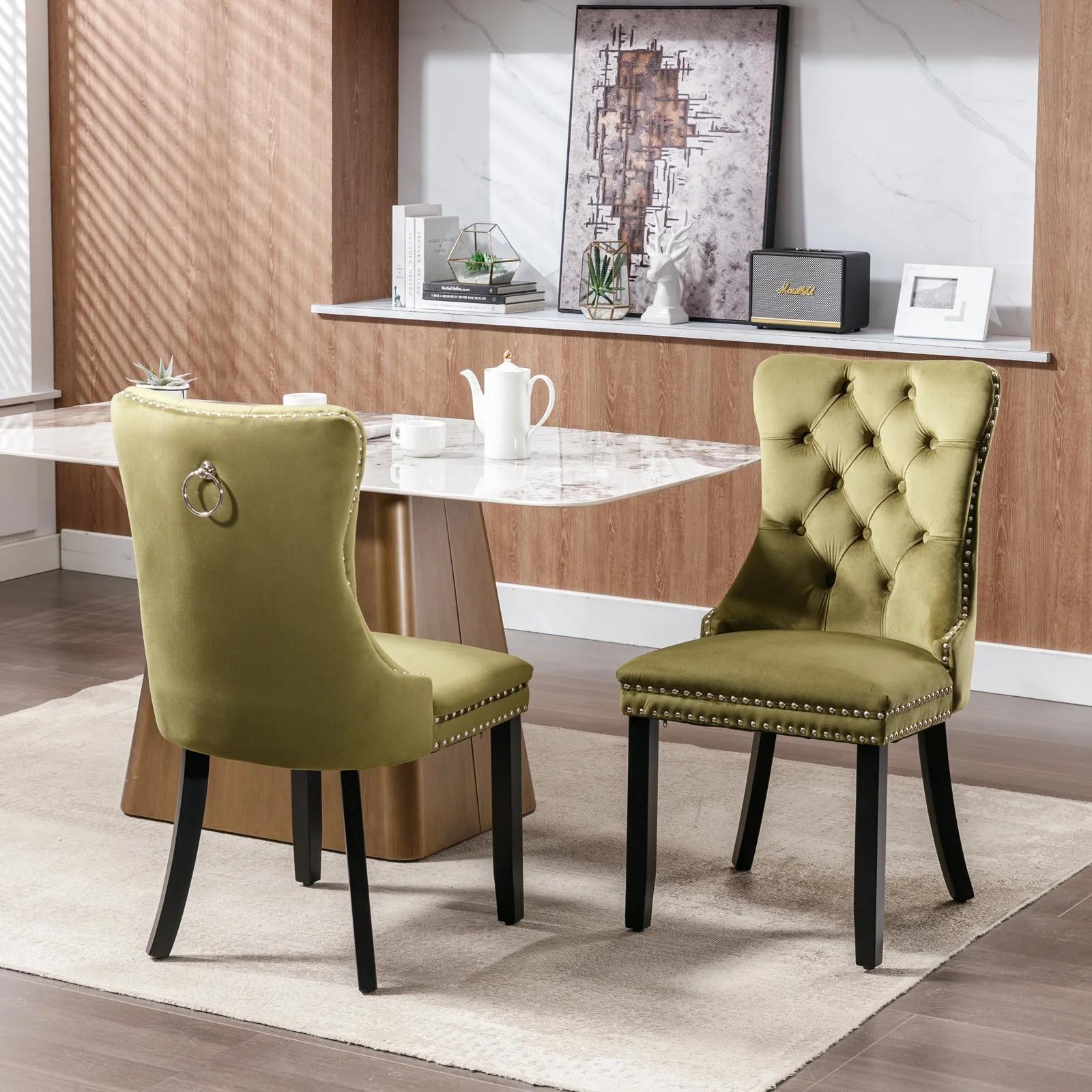Dining Chairs Set of 2, Upholstered High-End Tufted Dining Room Chair with Back Ring and Nailhead Trim, Modern Velvet Kitchen Chairs with Solid Wood Legs for Kitchen, Home,Olive-Green