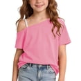 thumbnail image 2 of Blusas para Niñas sin Hombros, Camiseta de Manga Corta para Niñas Casual Corte Holgado de Color Sólido de un Hombro Camisetas de Verano Rosas 11 Años, 2 of 9