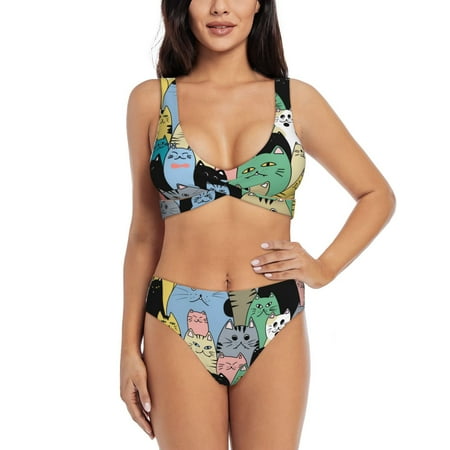 Zeuib Different Cats High Waisted Tummy Control Bikini Set - Knot Front Push Up Top & Cheeky Thong Bottom  Two-Piece Swimsuit for Women-Small