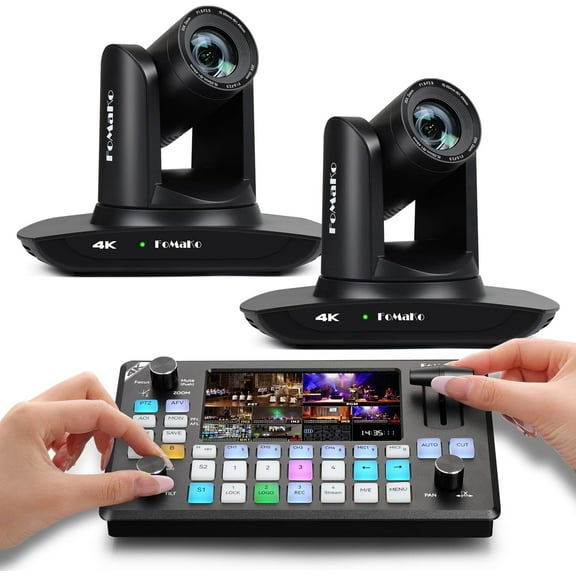 FoMaKo 4K PTZ Camera HDMI, AI Auto-Tracking, 20X Optical Zoom(2pcs),KC602 Video Mixer Switcher,for Church Worship Education Conference Events(K20UHX2 KC602)