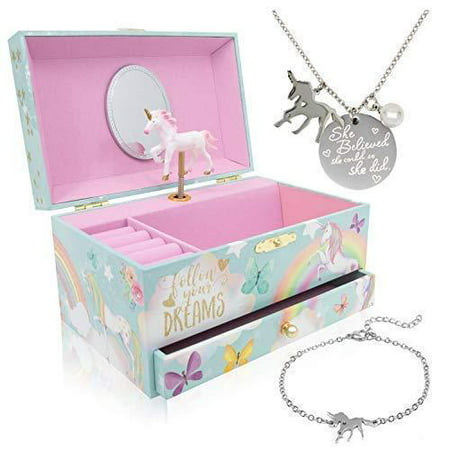 The Memory Building Company Unicorn Music Box & Little Girls Jewelry Set - 3 Unicorn Gifts for
