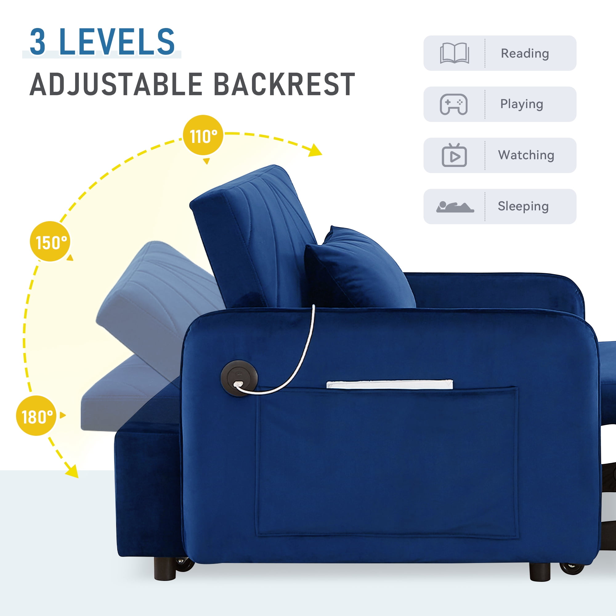 Lunale 3-in-1 Convertible Sleeper Chair Bed, Indoor Lounge Chair with USB/Type-C, Blue Velvet