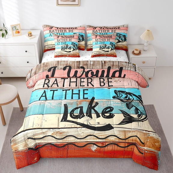 Homewish Rustic Lake House Twin Bedding Sets 7-Piece for Teen, Countryside Fishing Bedding Comforter Set, Blue Red Wooden Plank Reversible Sheet Sets, Luxury Bedroom Decor