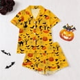 thumbnail image 2 of CUZIBR Girls Outfits Sets Halloween Pumpkin Bat Cat Print Lapel Button Short Sleeve Pajama Top Matching Shorts Two Piece Kids Sleepwear Set,Yellow,5-6 Years, 2 of 9