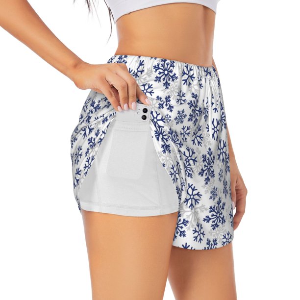 Balery Dark Blue Snowflakes Pantalones cortos deportivos para mujer con forro y dos bolsillos, elásticos, para entrenamiento, gimnasio, yoga-Large