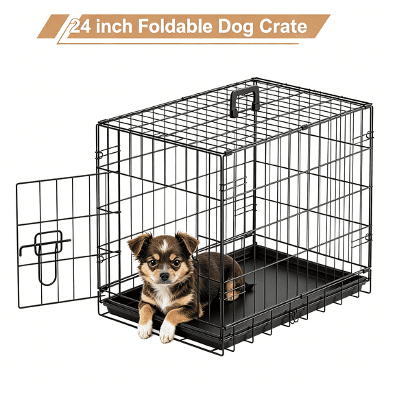Dkelincs 24" Dog Cage for Medium Dogs, Foldable XL Dog Crate Metal Kennel with Leakproof Tray, Black