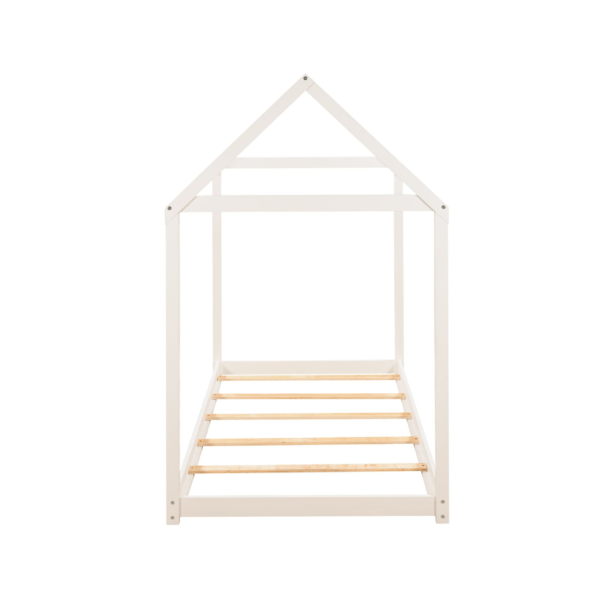 Gewnee Wood Twin Size Kids House Bed Frame,Montessori Floor Bed for Toddler,White