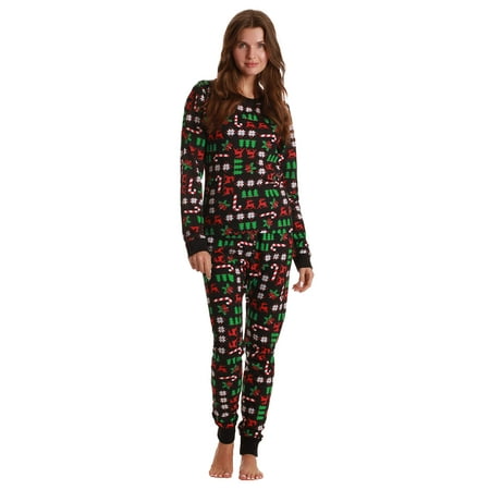 

Just Love Women s Thermal Underwear Pajamas Set (Black - Holiday Mash Up Small)