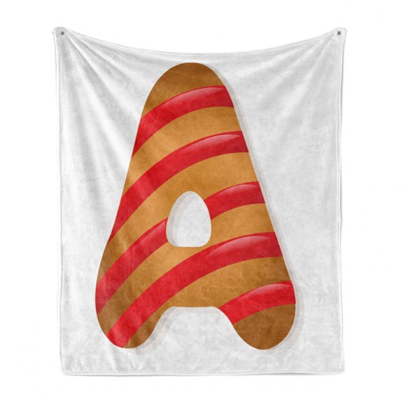 Christmas Alphabet Soft Flannel Fleece Blanket, Cookie Look Letter A with Striped Design New Year Celebration, Cozy Plush for Indoor and Outdoor Use, 50" x 60", Amber Vermilion White, by Ambesonne