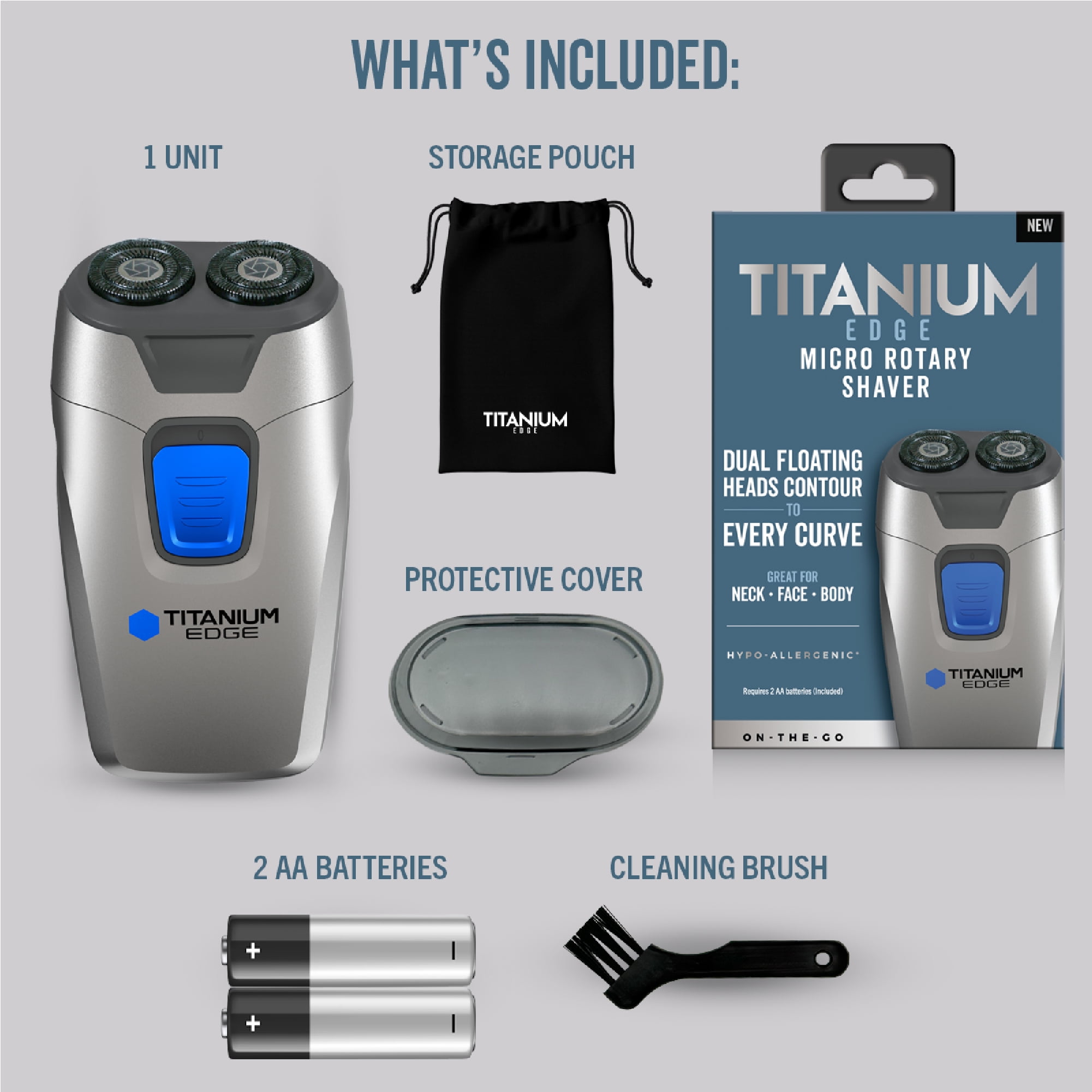 Titanium Edge Micro Rotary Shaver – Men’s Electric Razor for Face, Neck & Body – Dual Floating Heads, Titanium Coated, Hypoallergenic, Travel Ready