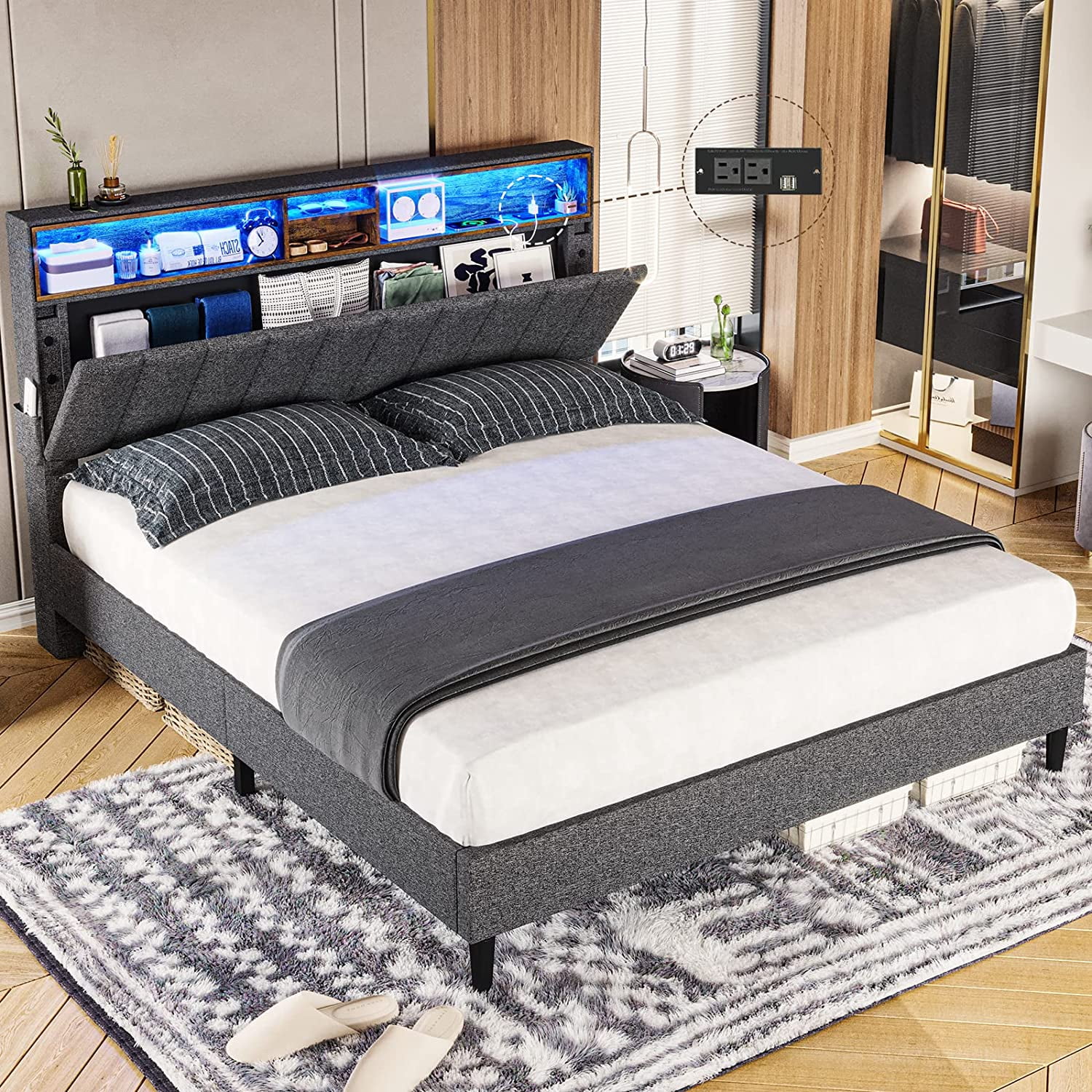 Full Size Bed Frame with LED Lights and Charging Station, Upholstered ...