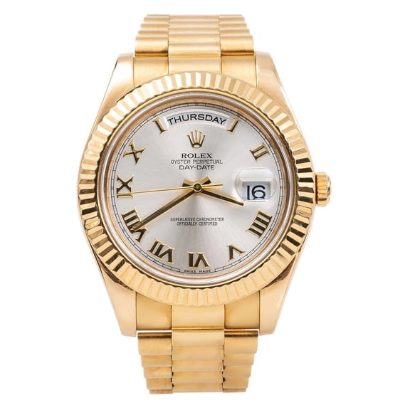 Pre-Owned Rolex Day-Date II 41MM 218238 Silver Roman Dial Fluted Bezel 18K Yellow Gold President Bracelet