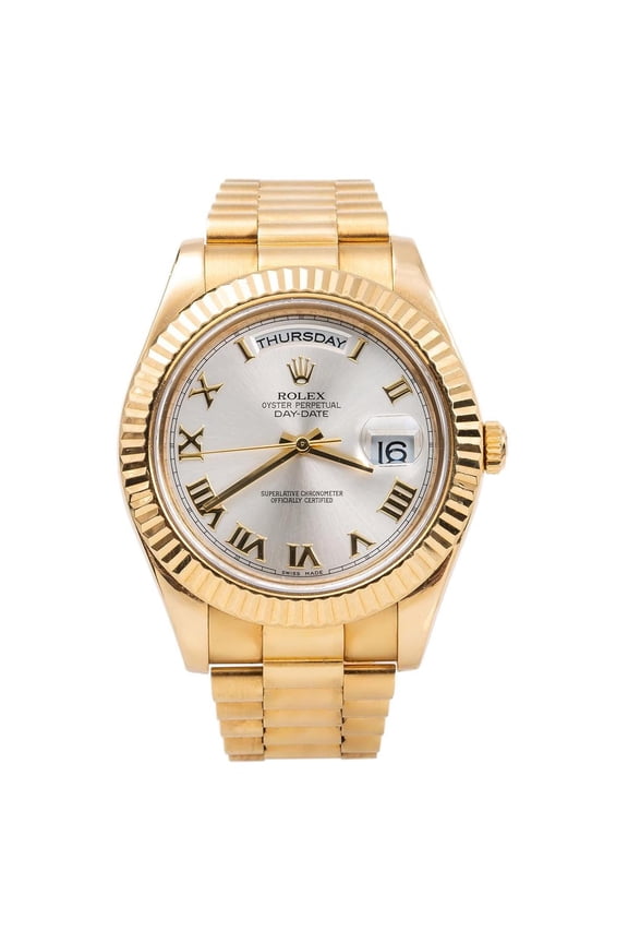 Pre-Owned Rolex Day-Date II 41MM 218238 Silver Roman Dial Fluted Bezel 18K Yellow Gold President Bracelet