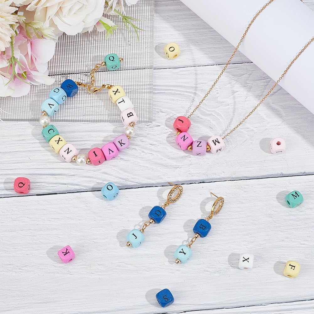 Wood Printed Beads Horizontal Hole Dyed Cube with Initial Letter Mixed Color 10x10x10mm Hole: 3~4mm 1060pcs/500g