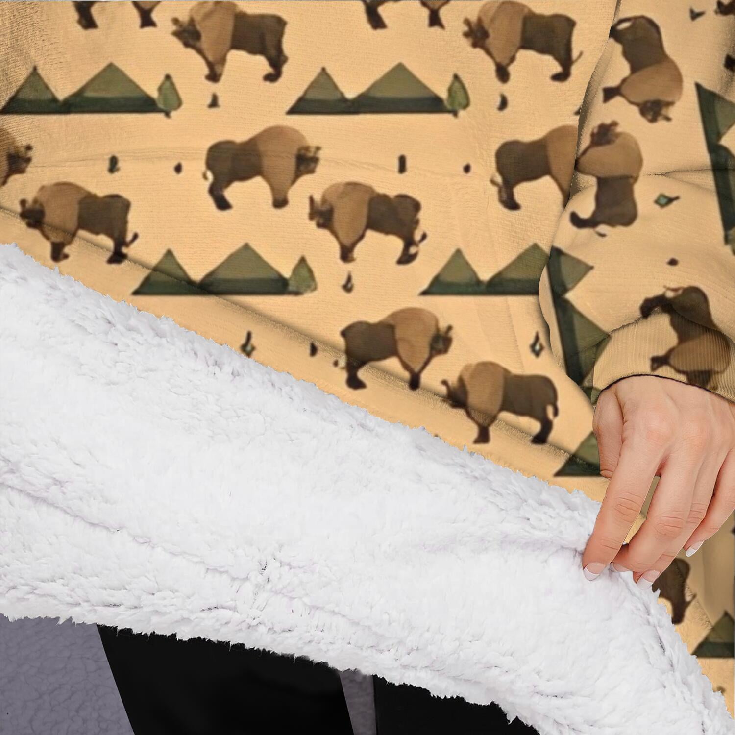Oversized Wearable Blanket Hoodie,Beige Buffalo Pattern Sherpa Blanket Hoodie with Super Pockets,Super Warm Fuzzy Pullover for Women & Men