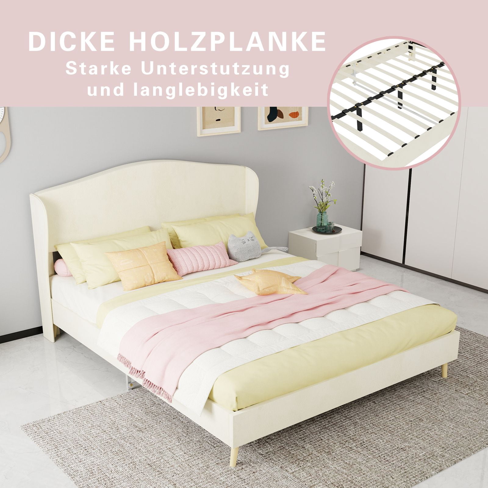 Alvantor Queen Size Upholstered Bed Frame with Padded Headboard, Holland Velvet Tufted Noise-Free & Durable Beige