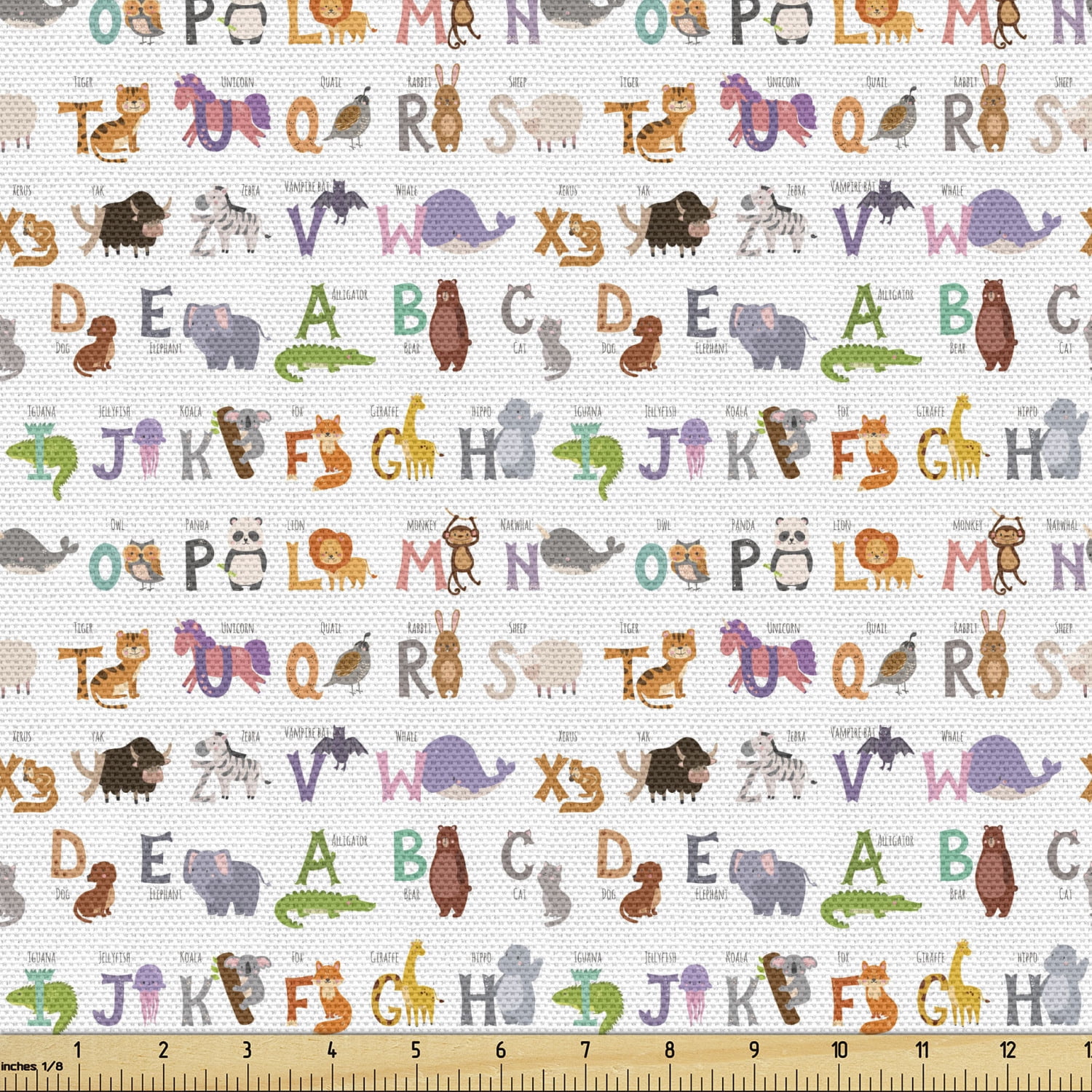 Alphabet Fabric by the Yard, Pattern of Animals and First Letters Learning Themed Image
