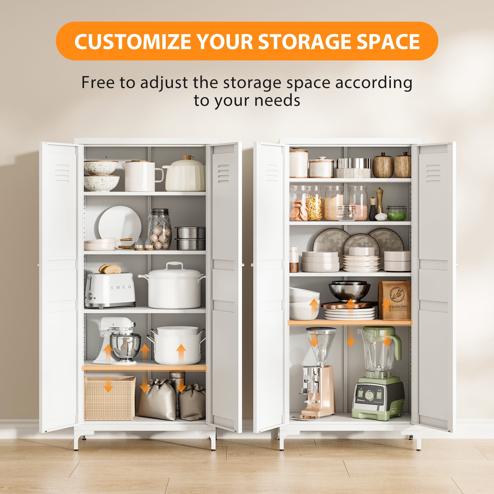 STANI Freestanding Storage Cabinet with 4 Adjustable Shelves and Legs, Metal/Alloy Steel, for Cupboard/Dining Room/Bathroom/Living Room/Office/Laundry Room (White, 61"H)
