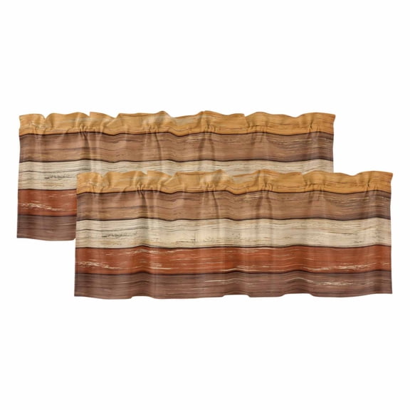 2 Pack Farmhouse Burnt Orange Brown Valances for Windows Bedroom Living Room Window Treatments, Vintage Wooden Striped Rod Pocket Valance Drapes Short Kitchen Curtains Over Sink 42"x12"