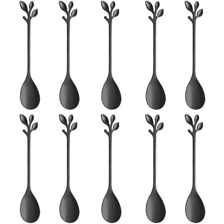 

Stainless Steel Black Leaf Coffee Spoon-- 10 Pcs Creative Tableware Dessert Spoons Stirring Mixing Sugar Stir Ice C