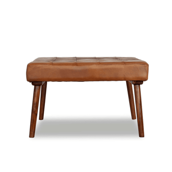 Mark Mid-Century Tufted Square Genuine Leather Upholstered Ottoman In Tan,Light Tan,Rustic Genuine Leather,Solid Wood Furniture Primary Living Space Ottomans