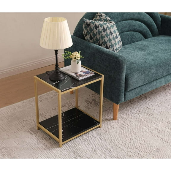 Room Designs End Table Gold / Black Marble Modern Rectangle
